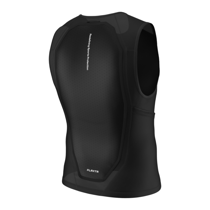 Gilet de protection noir sans manches pour le sport avec structure en filet et impression "Redefining Sports Protection". FLAXTR est visible dans le bas du dos.
