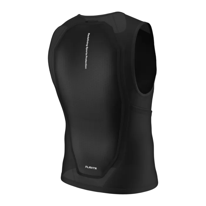 Black, sleeveless protective vest for sports with mesh structure and "Redefining Sports Protection" print. FLAXTR is visible on the lower back.