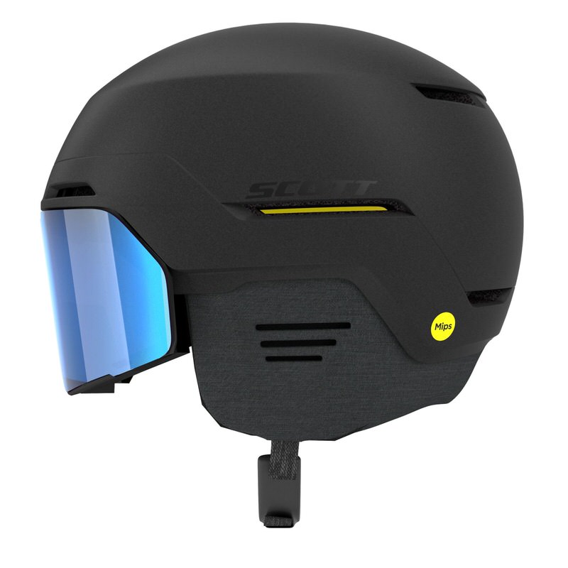 Casque de ski noir avec MIPS Casque de ski noir Scott Blend Plus LS avec visière bleue et fonction de sécurité MIPS.