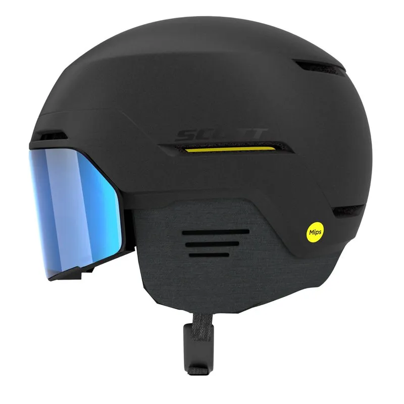 Schwarzer Scott Blend Plus LS Skihelm mit blauem Visier und MIPS-Sicherheitsfunktion.