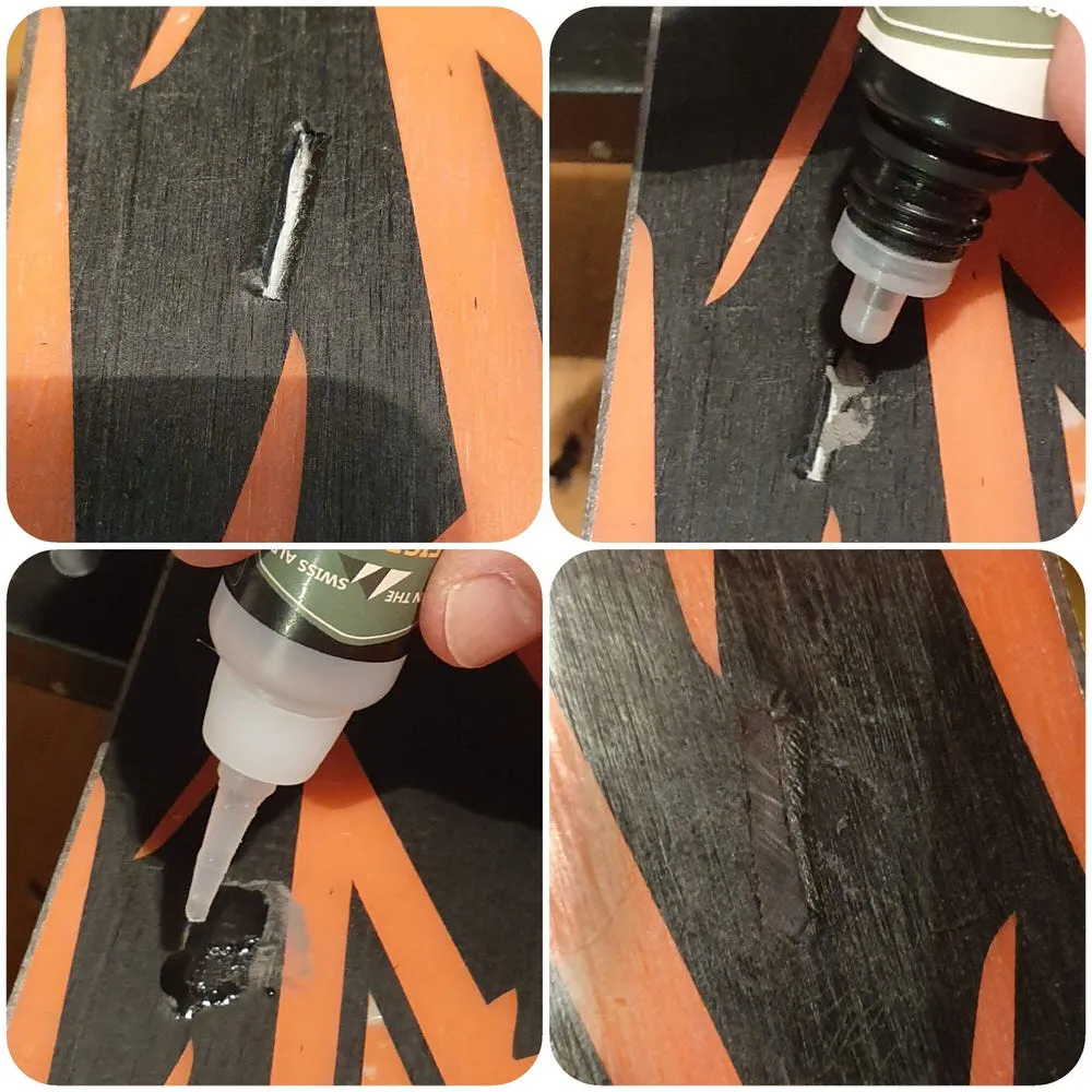 Montage von Ski Base Repair in vier Schritten: Kratzer, Füllung, Kleben, Reparatur.