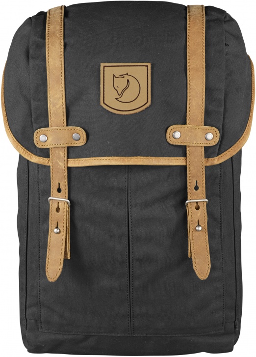 Dunkelgrauer Fjällräven Rucksack No. 21 Small mit hellbraunen Lederriemen und Logo-Patch in der Mitte.