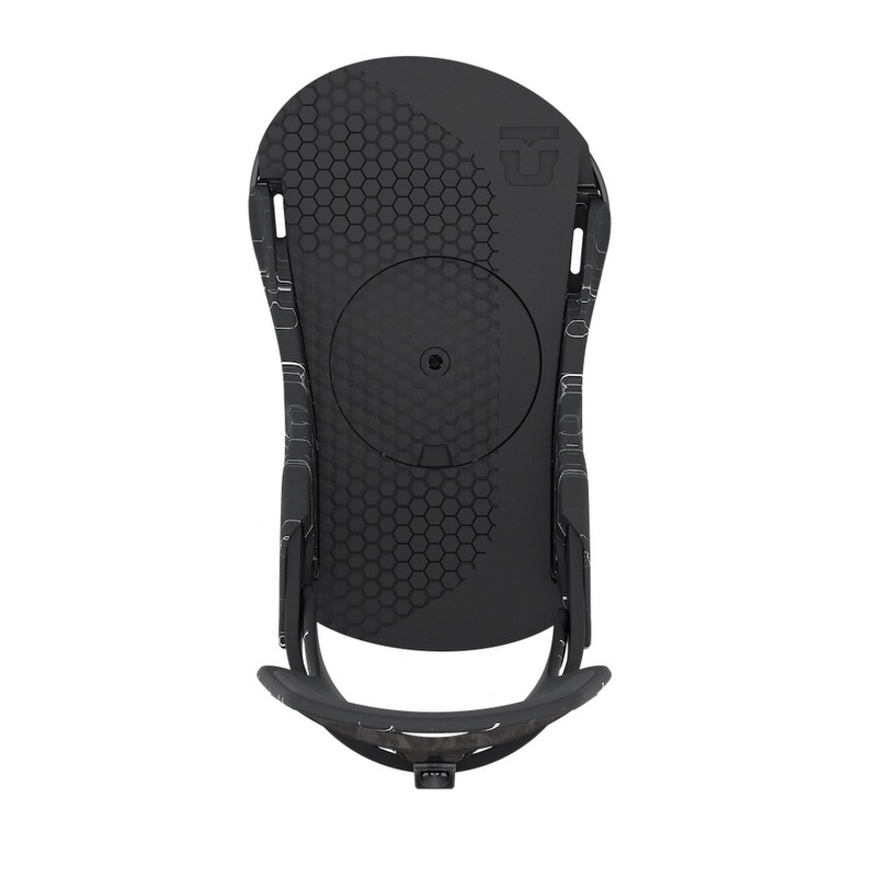 Black Union Falcor snowboard binding, photographed from above, with honeycomb pattern and marble-like accents.
