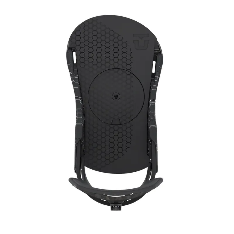 Black Union Falcor snowboard binding, photographed from above, with honeycomb pattern and marble-like accents.