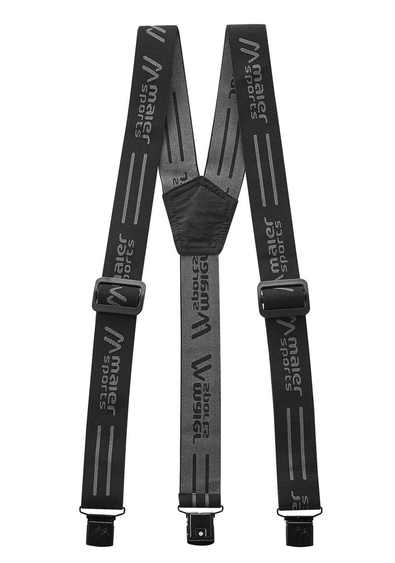 Bretelle Maier Sports grigio scuro con logo nero, regolatori di lunghezza e clip di chiusura a Y.