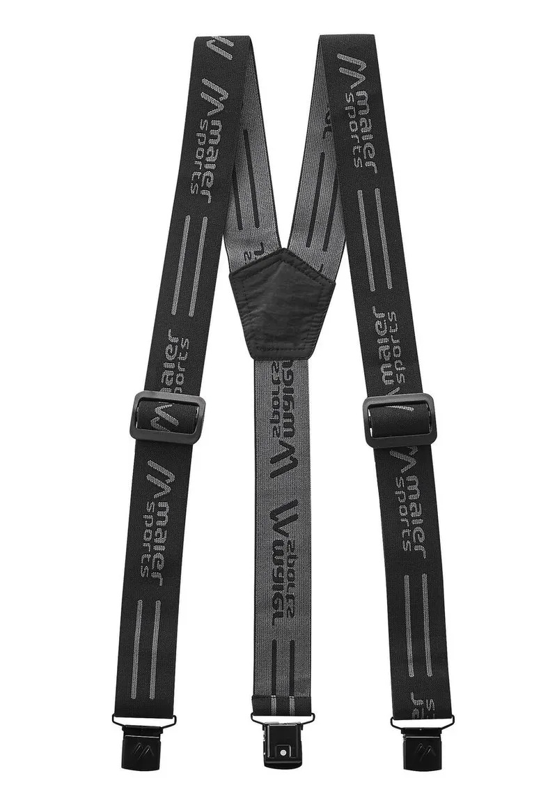Bretelles gris foncé Maier Sports avec logo noir, réglables en longueur et fermetures à clip en forme de Y.