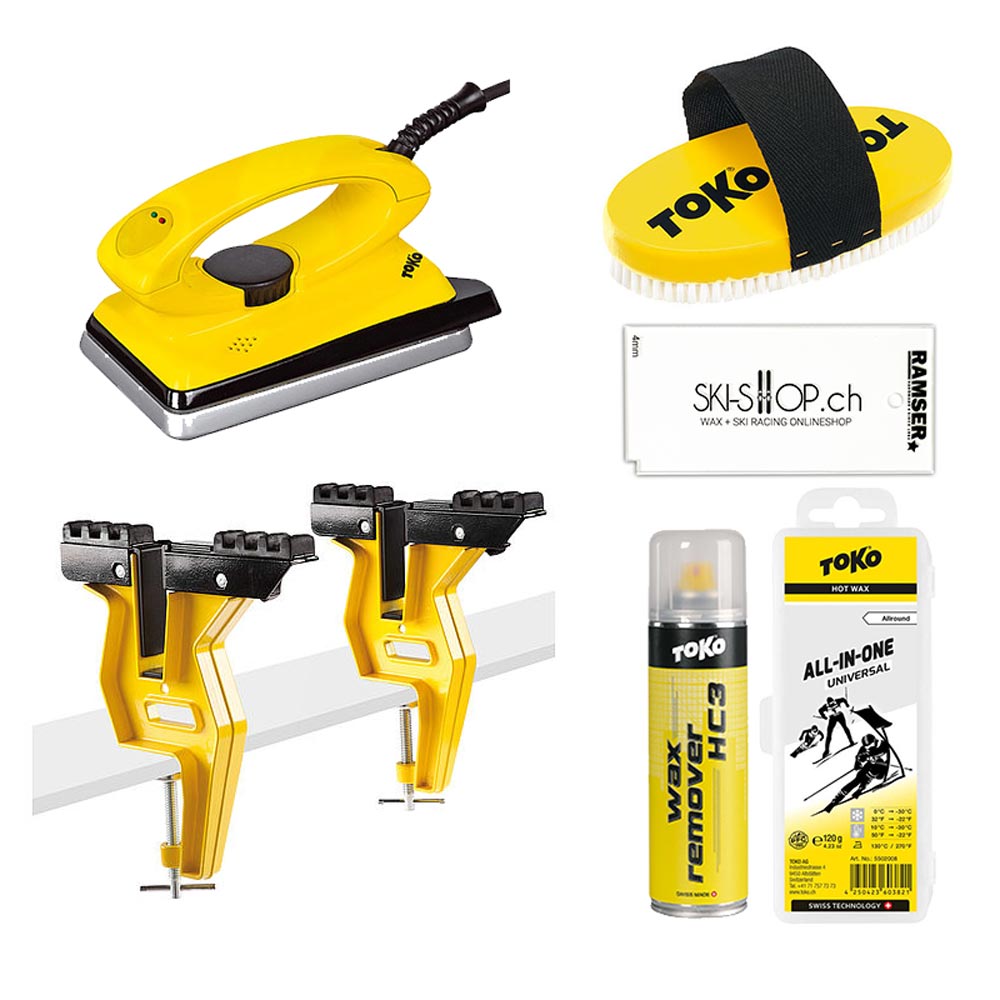 Toko Set pour snowboard Kit de démarrage jaune Toko Snowboard : appareil à farter, brosse, support, fart de ski, Plexi Blade, Wax Remover et stylo de réparation de semelle.