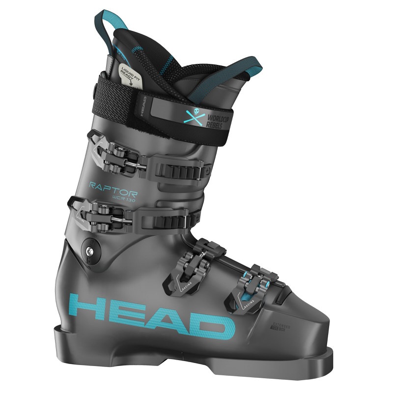 Anthrazitfarbener Head Raptor Ski-Schuh mit blauen Akzenten in Seitenansicht. Mehrere Schnallen sind am Schuh befestigt.