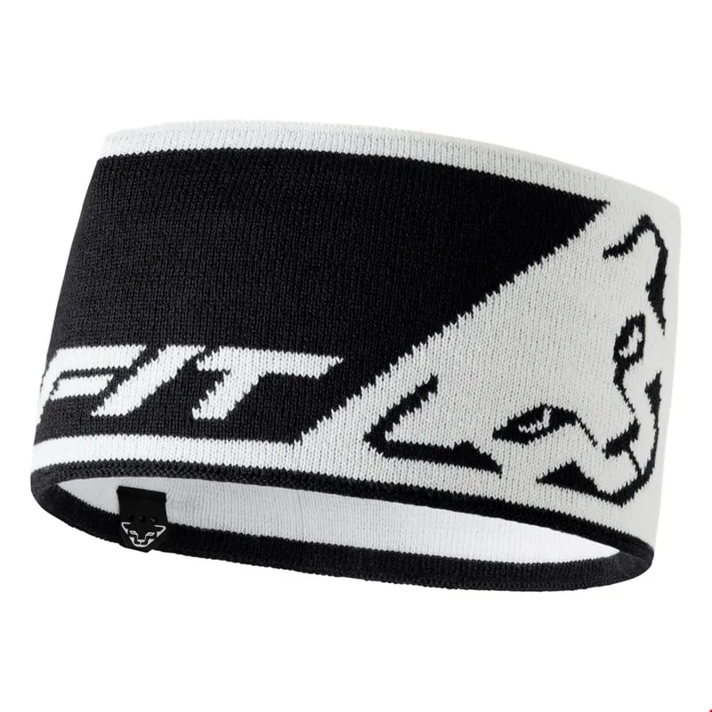 Un bandeau blanc Dynafit avec un logo noir et une tête de léopard en tricot.