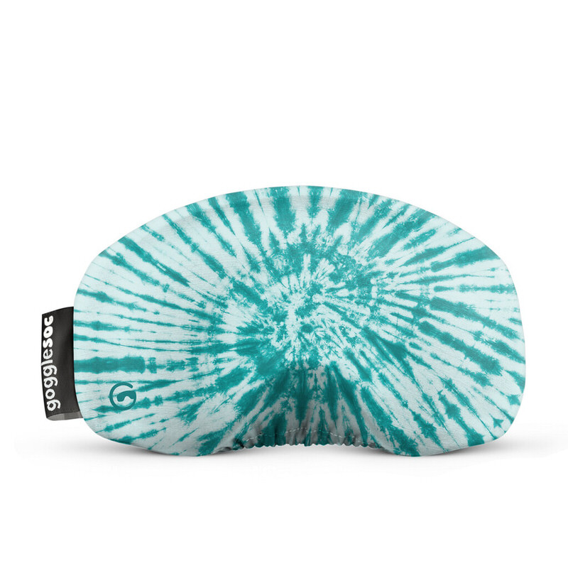 Türkis-weißer Tie Dye Swirl Soc für Skibrillen. Das Muster ist spiralförmig. Ein schwarzes Label ist am Rand.