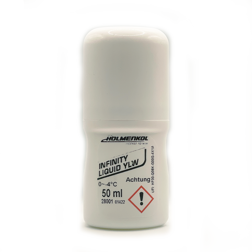 Weiße Flasche Holmenkol Infinity Liquid YLW 50ml mit Aufschrift, Warnsymbol.