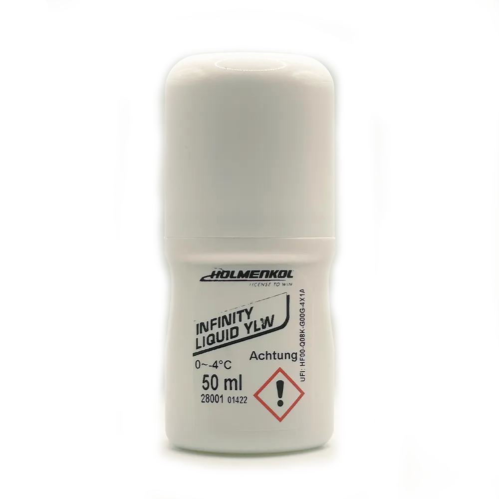 Flacone bianco Holmenkol Infinity Liquid YLW 50ml con scritta, simbolo di avvertimento.