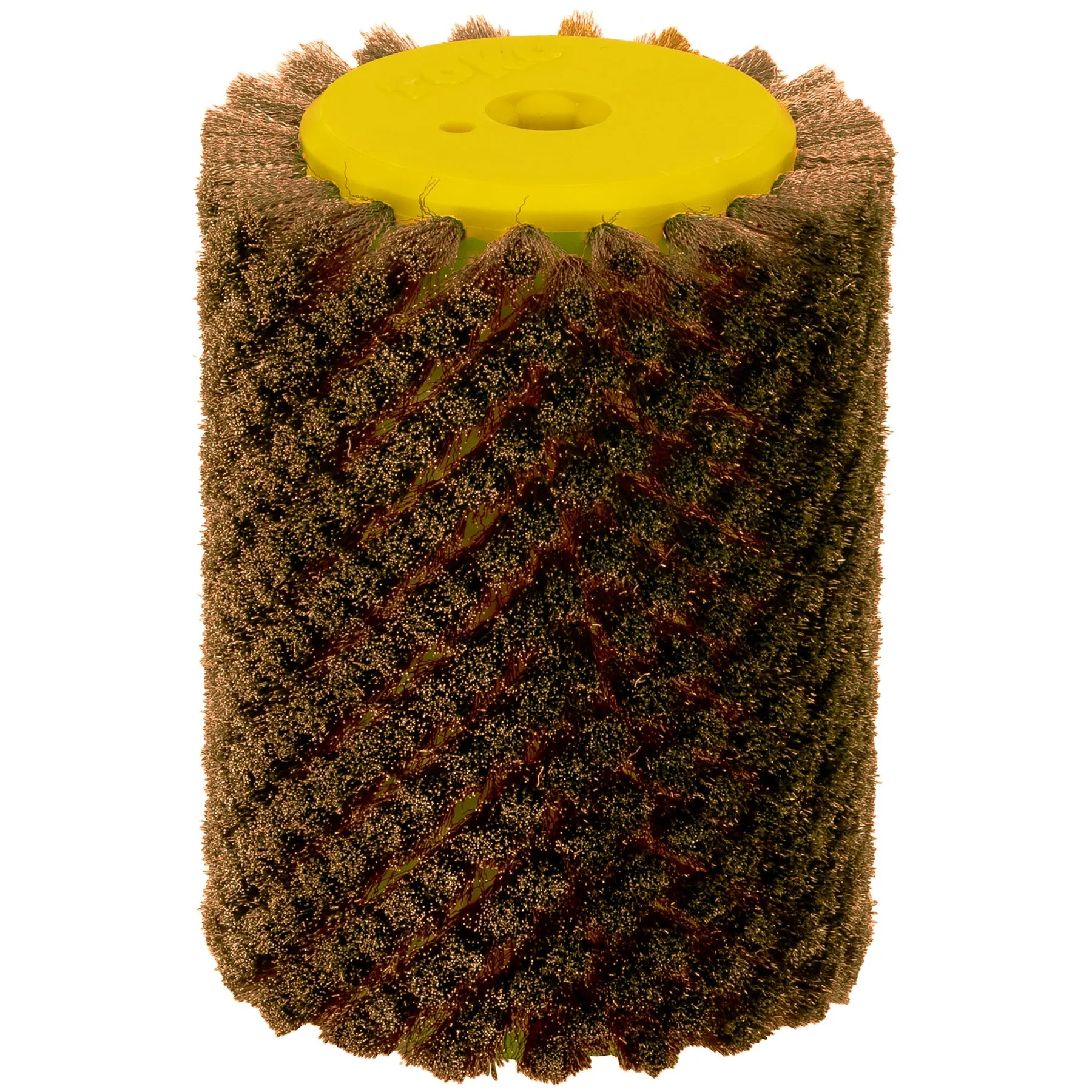 Une brosse métallique cylindrique avec un embout jaune se trouve sur un fond blanc.