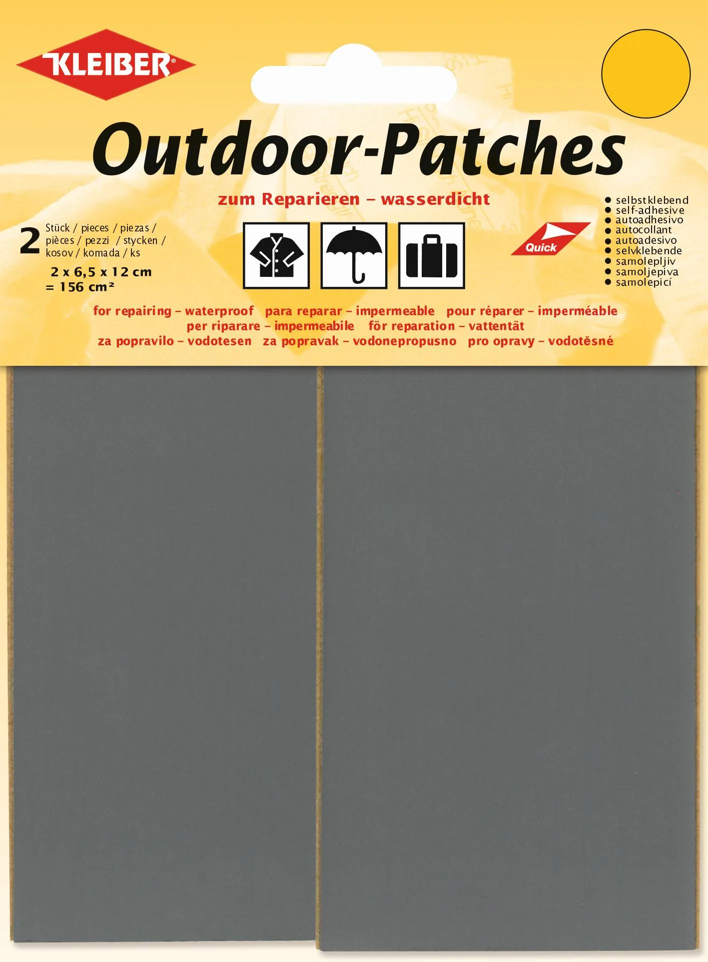 Outdoor patches packaging from Kleiber: Self-adhesive, waterproof patches with pictograms for clothing, umbrellas and luggage.