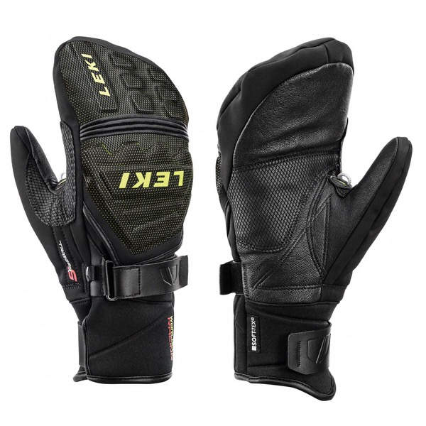Zwei schwarze Leki Race Coach C-Tech S MITT Fäustlinge, Leder, Kunstfaserfüllung und Logos.