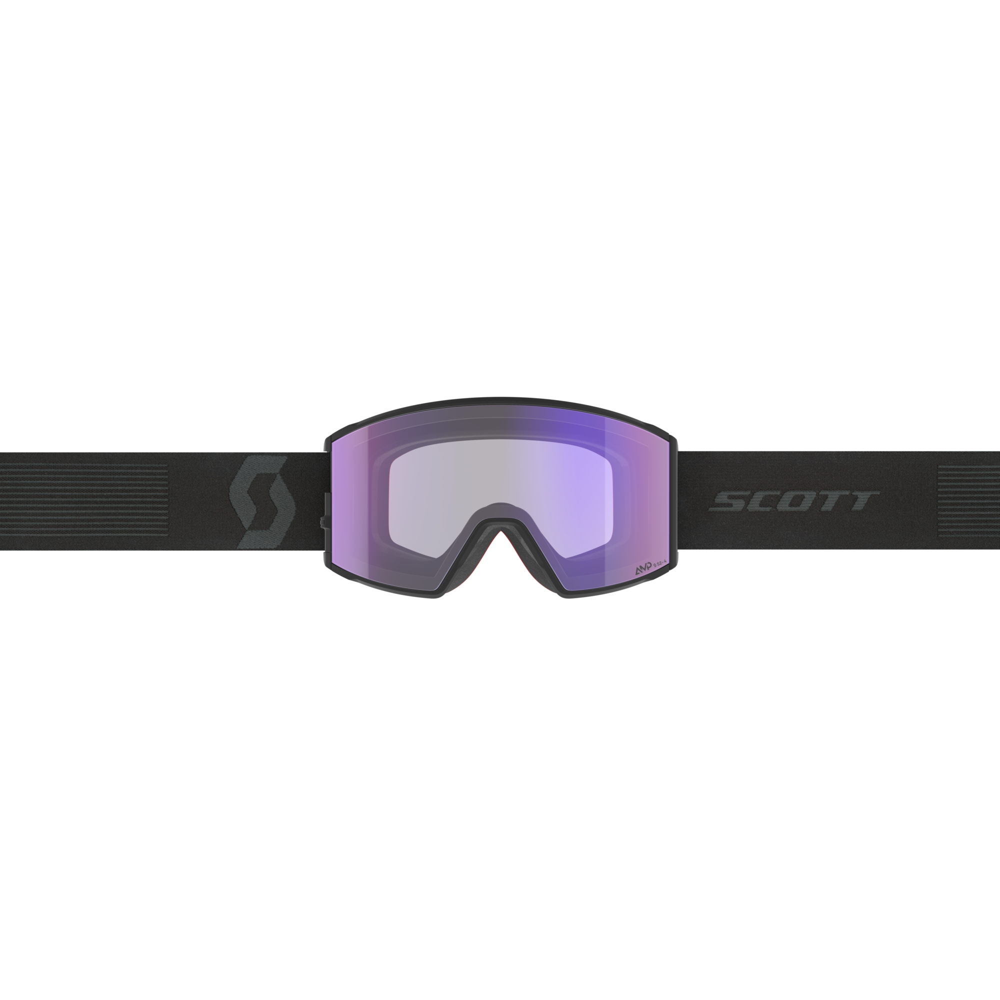 Schwarze Skibrille mit violett getönten Gläsern und einem schwarzen, strukturierten Band mit dem Schriftzug "SCOTT".