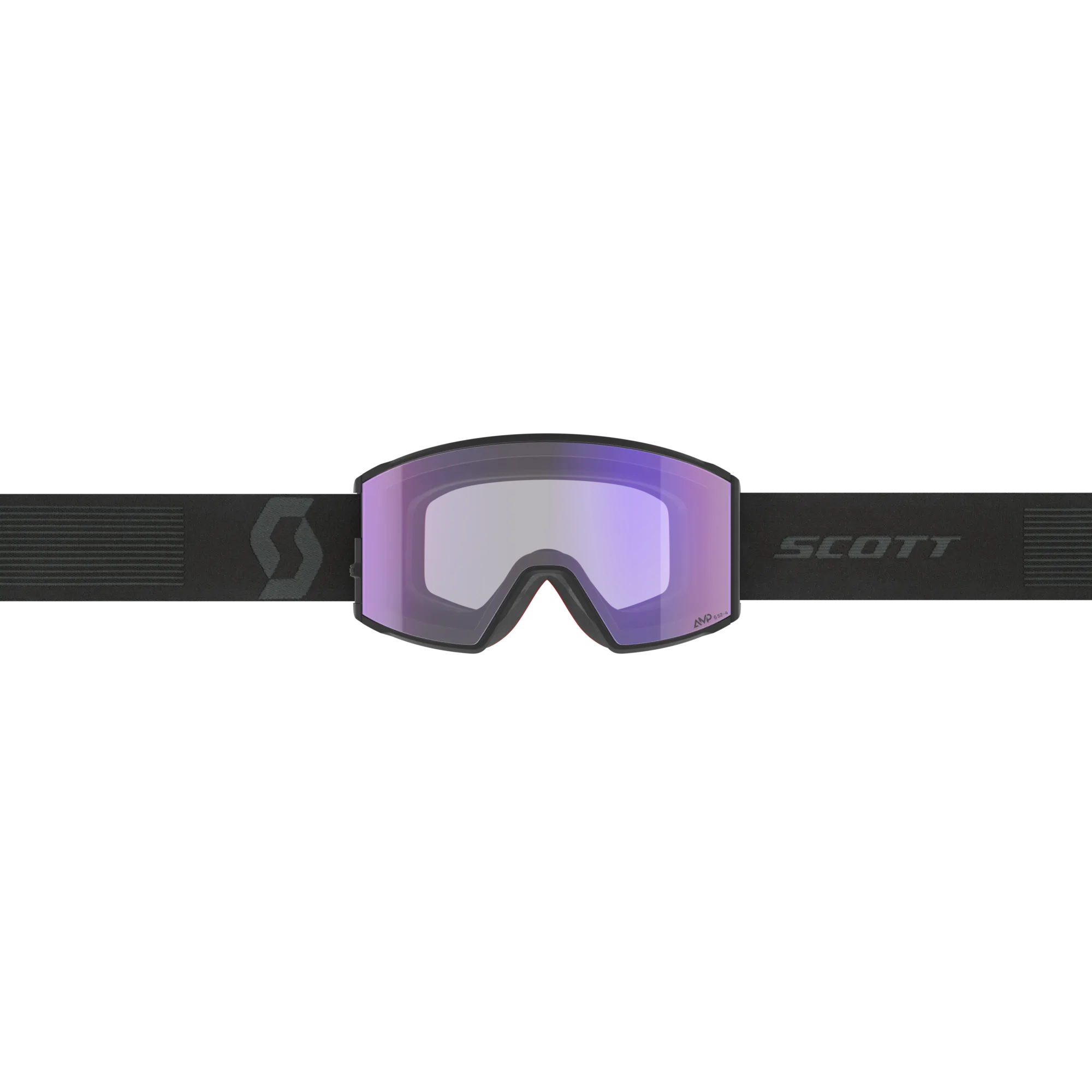 Black ski goggles with purple tinted lenses and a black, structured strap with the lettering "SCOTT".