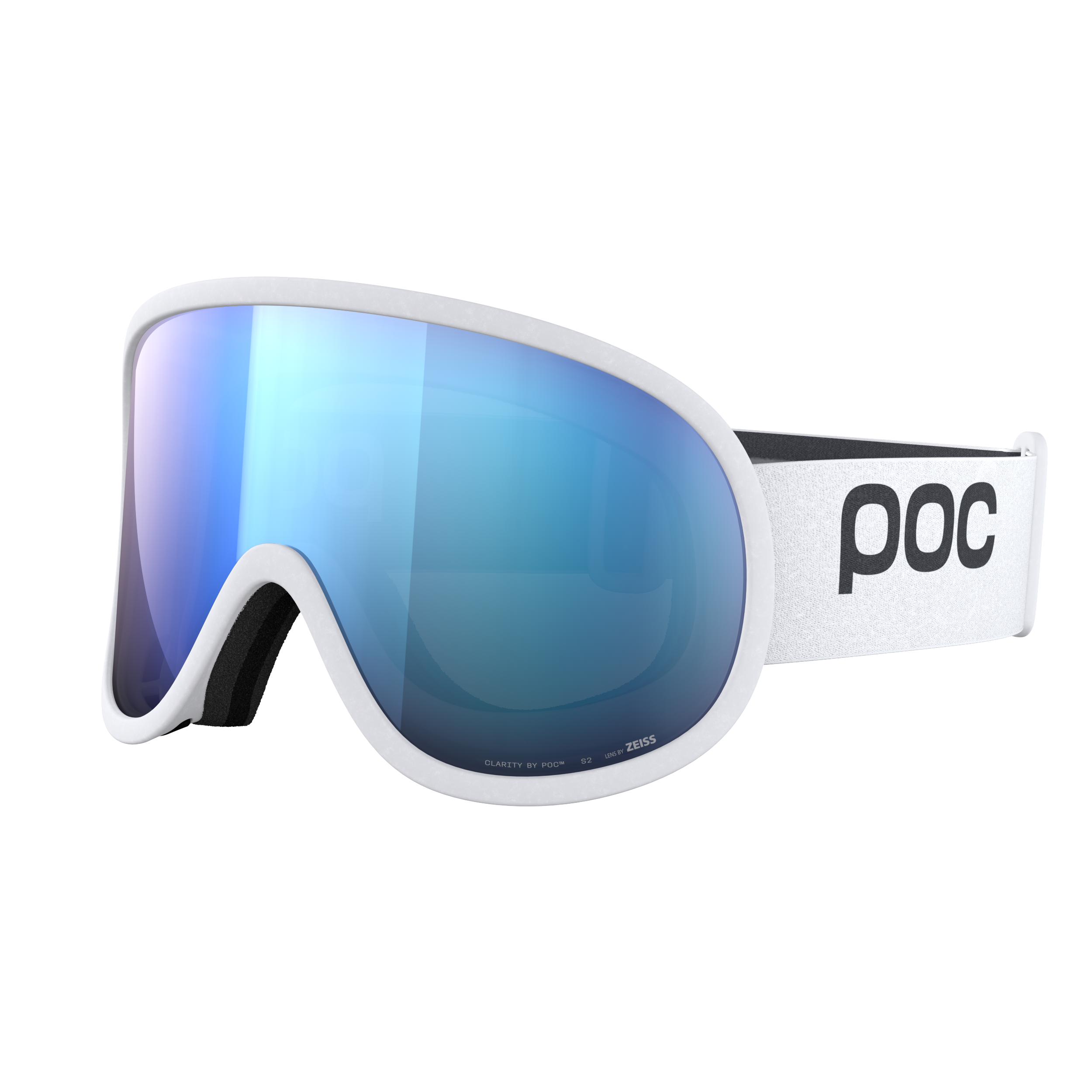 POC Retina Skibrille Weiß Weiße POC Retina Skibrille mit blau verspiegelter zylindrischer Linse, seitliche Ansicht.