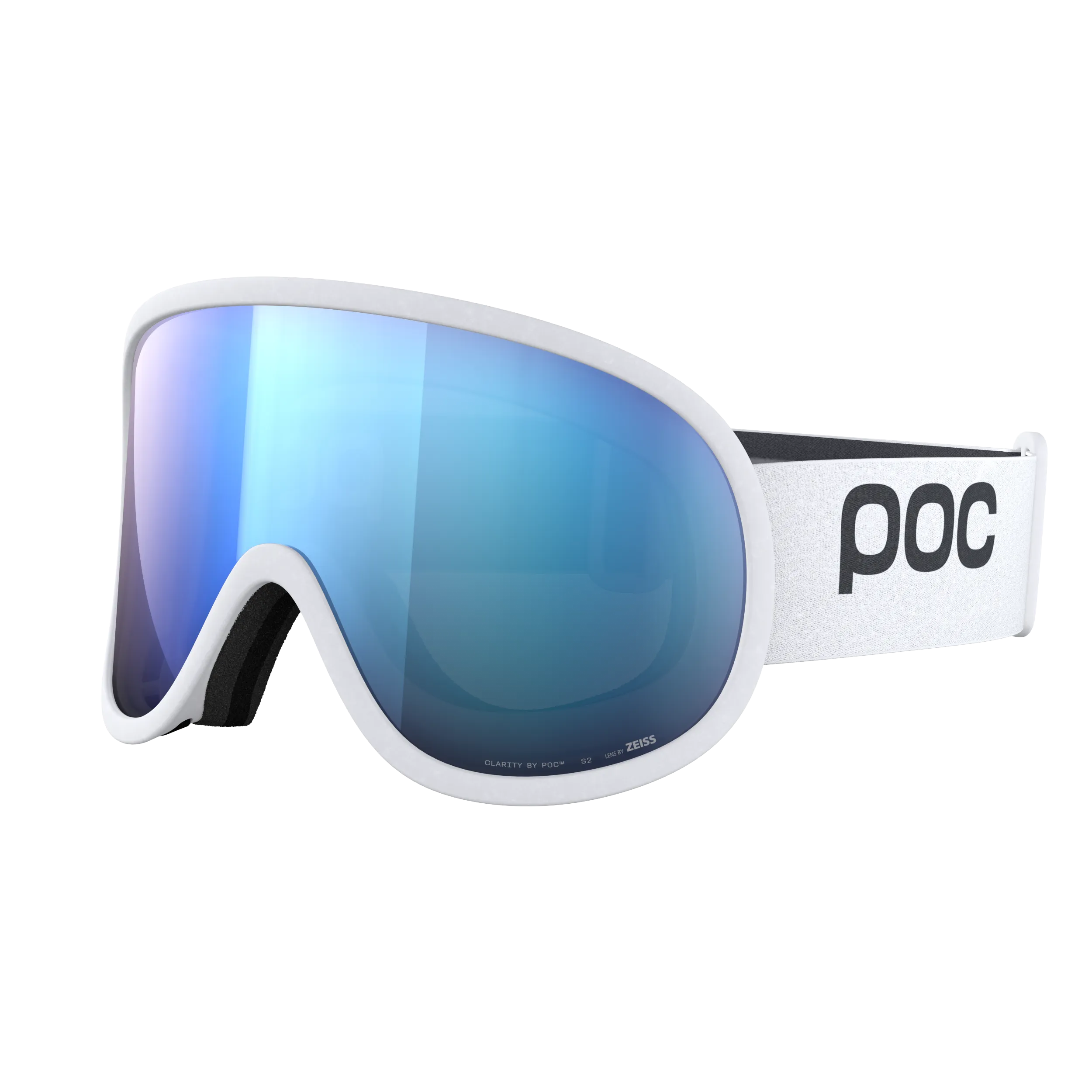 White POC Retina ski goggles with blue mirrored cylindrical lens, side view.