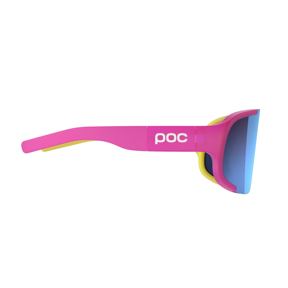 Pink POC Aspire Mid sunglasses with blue lenses in profile. The POC logo is visible on the temples.