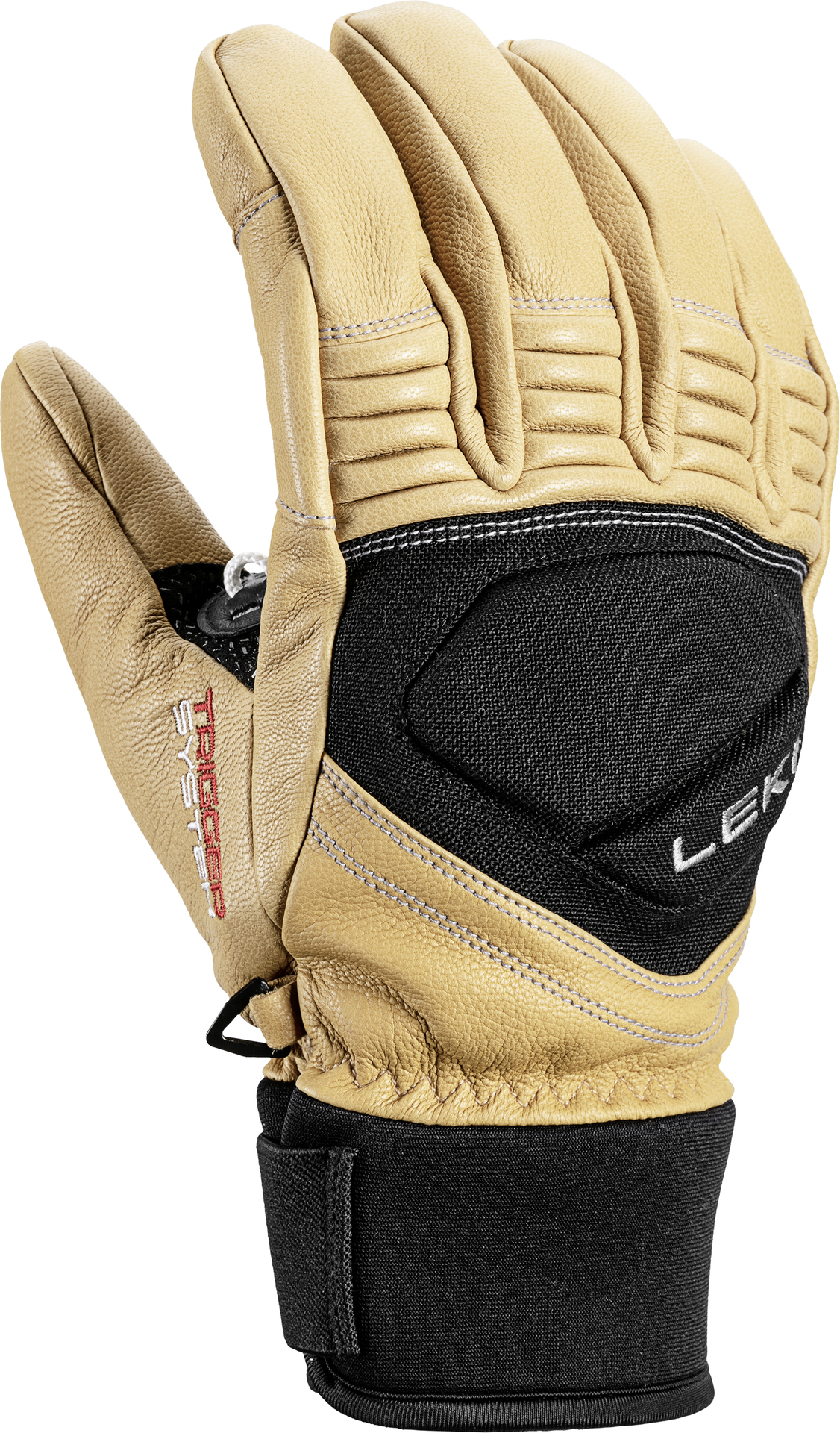 Nahaufnahme eines Leki Copper 3D Ski-Handschuhs in tan/schwarz. Leder, schwarze Manschette und "LEKI"-Logo sichtbar.