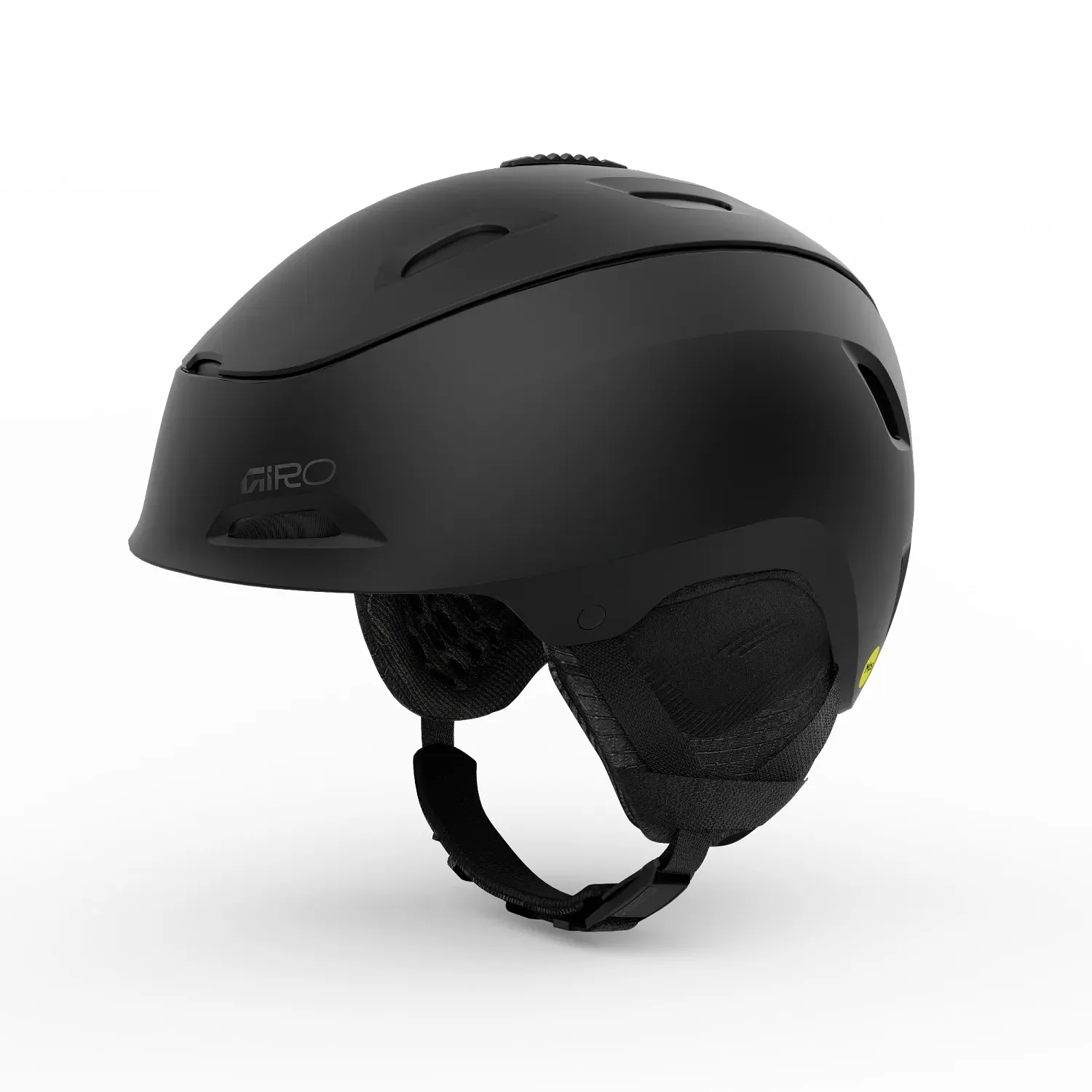Casco da sci nero di Giro con protezioni per le orecchie e cinturino per il mento.