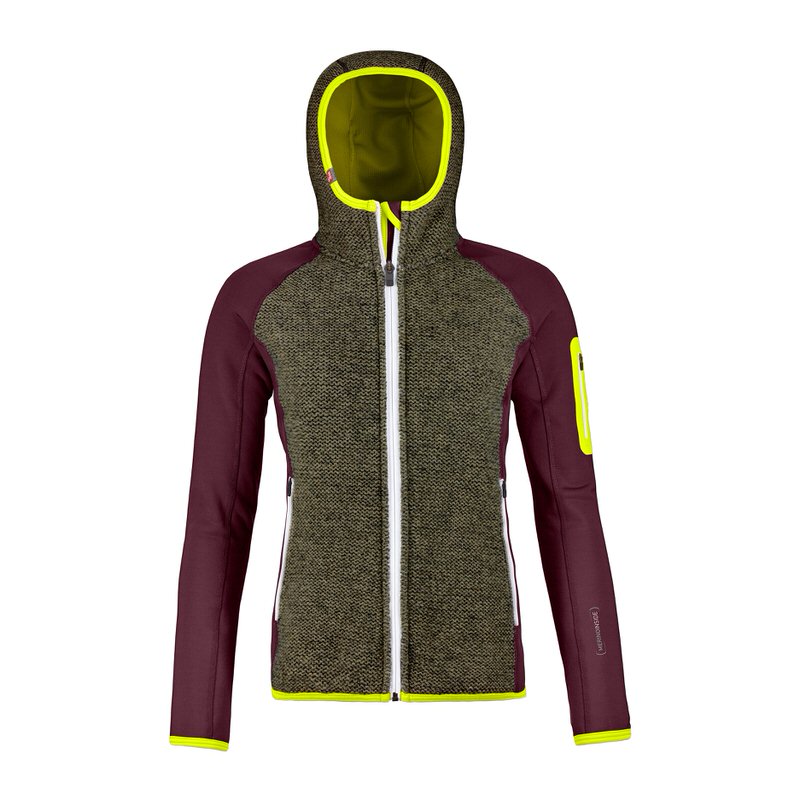 Dunkelrote Ortovox Strickfleece-Jacke mit Kapuze, Strickeinsätzen, gelben Akzenten und weißem Reißverschluss.