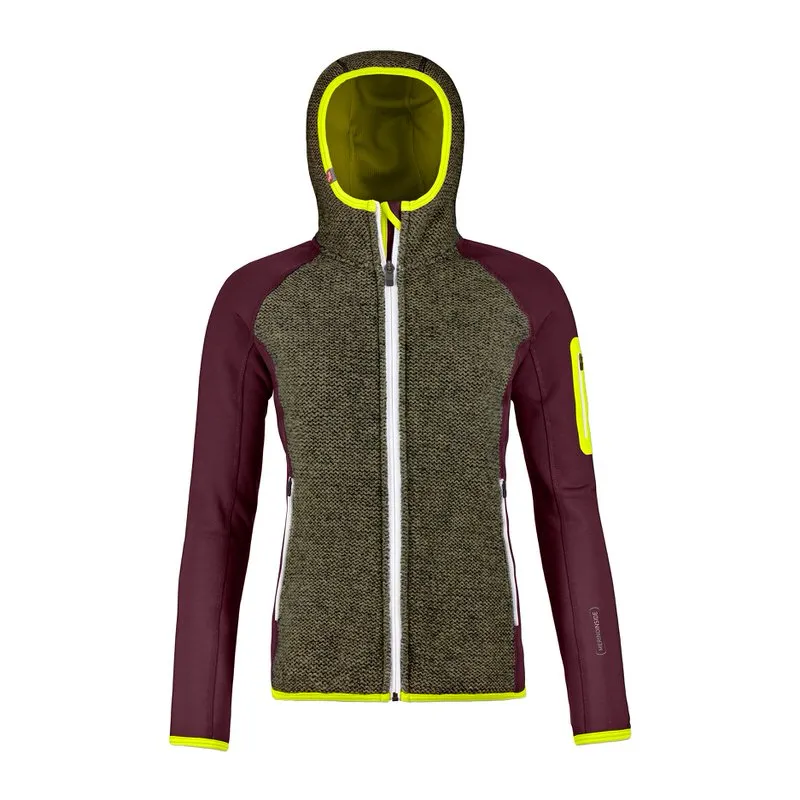 Dark red Ortovox knitted fleece jacket with hood, knitted inserts, yellow accents and white zipper.