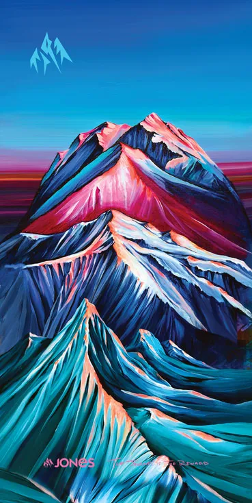 Abstraktes, buntes Gemälde von Bergen mit dem Jones Logo im Himmel. Das Alpenglow Design des Neck Warmer.