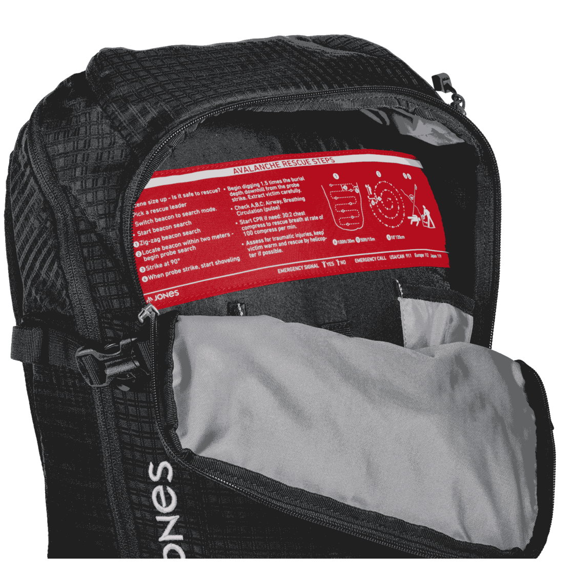 Offener DSCNT 25L Rucksack mit Lawinenrettungsanleitung. Innentasche sichtbar.