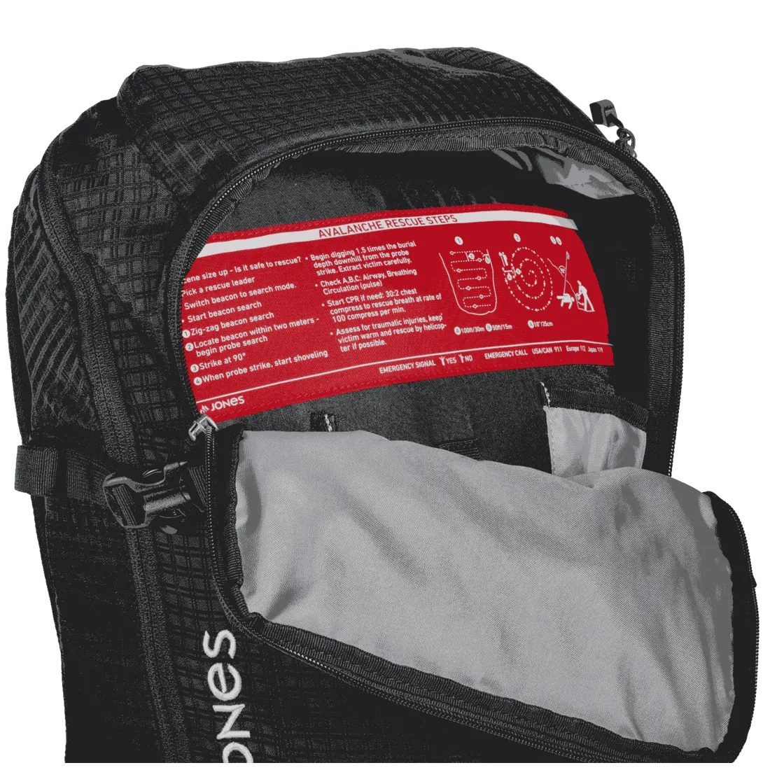 Offener DSCNT 25L Rucksack mit Lawinenrettungsanleitung. Innentasche sichtbar.