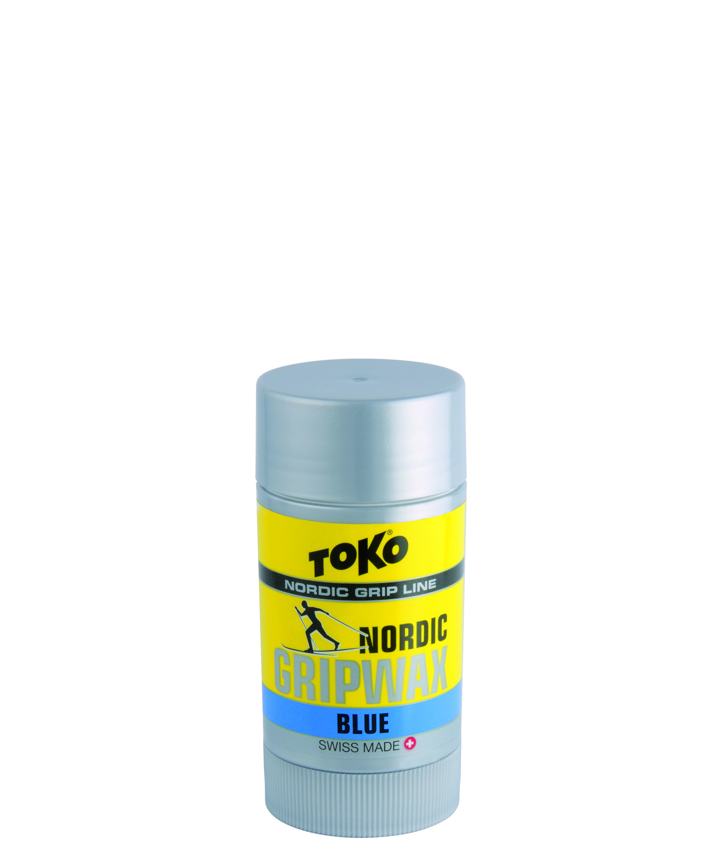 Toko Nordic GripWax Blue in Deostick-Verpackung. Gelber Hintergrund mit Langläufer-Silhouette und blauem "Blue" Schriftzug.