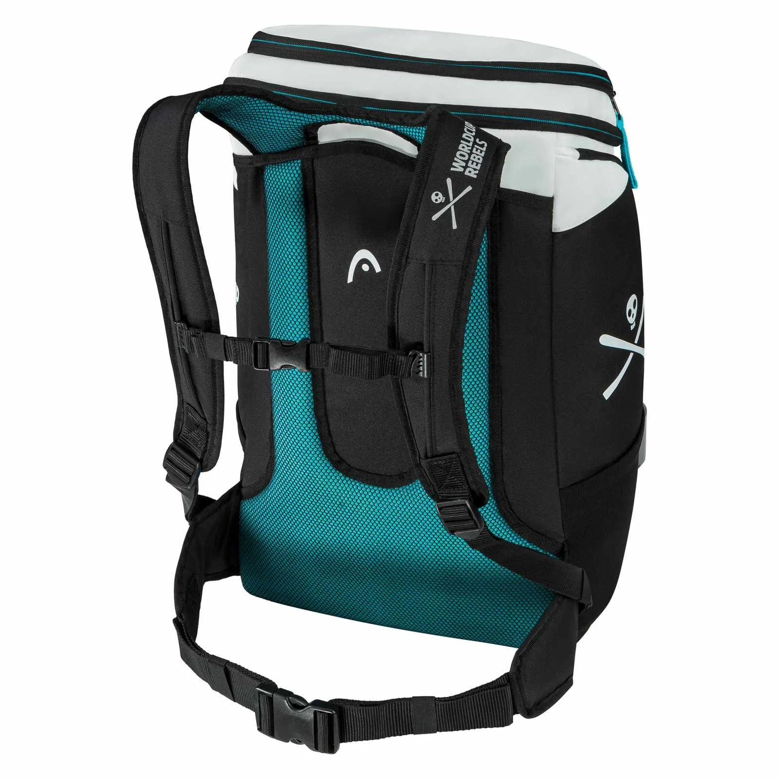 Sac à dos Head Rebels noir avec dos en filet bleu, accents blancs et logo tête de mort à l'arrière.