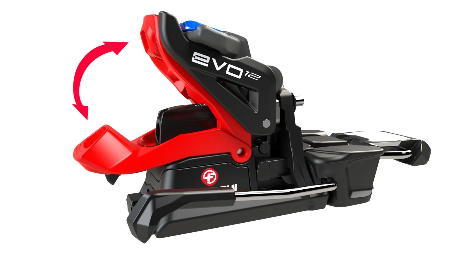 Nahaufnahme der Fritschi Vipec Evo 12 Skitourenbindung, mit rotem Pfeil der die Drehbewegung der Bindung andeutet.