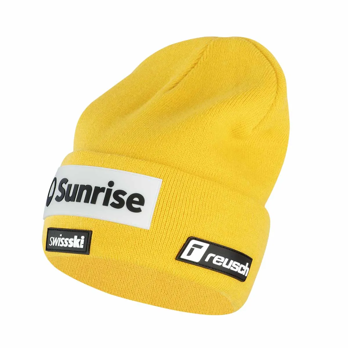 Yellow Reusch Street beanie with Swiss-Ski and Sunrise logos on a white background and Reusch logo on a black background.