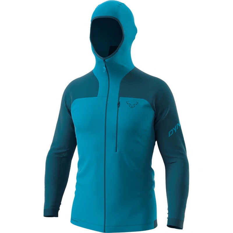 Petrolfarbene Dynafit Speed Herren Fleecejacke mit Kapuze und durchgehendem Reißverschluss.