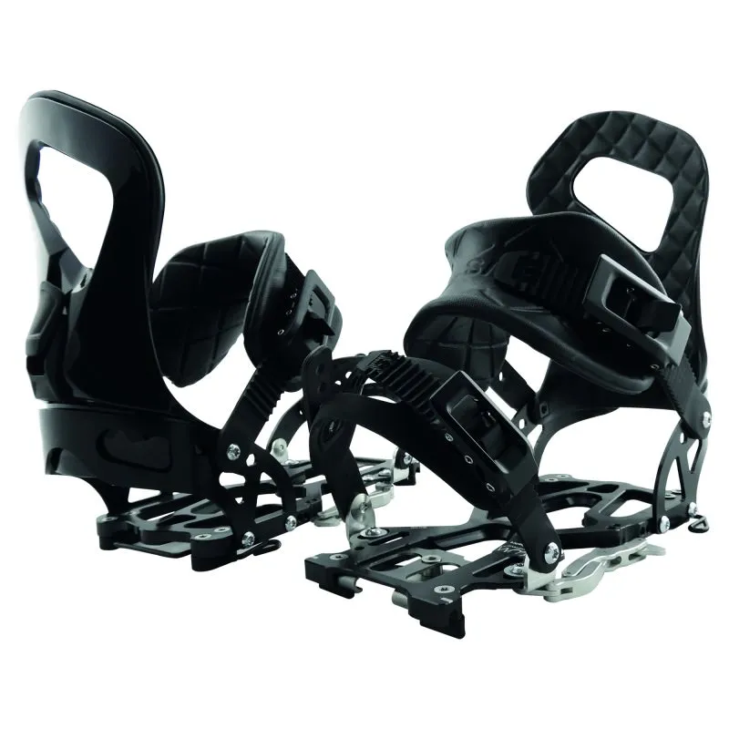 Two black Plum Eterlou splitboard bindings in profile, with details on straps and fastening elements.