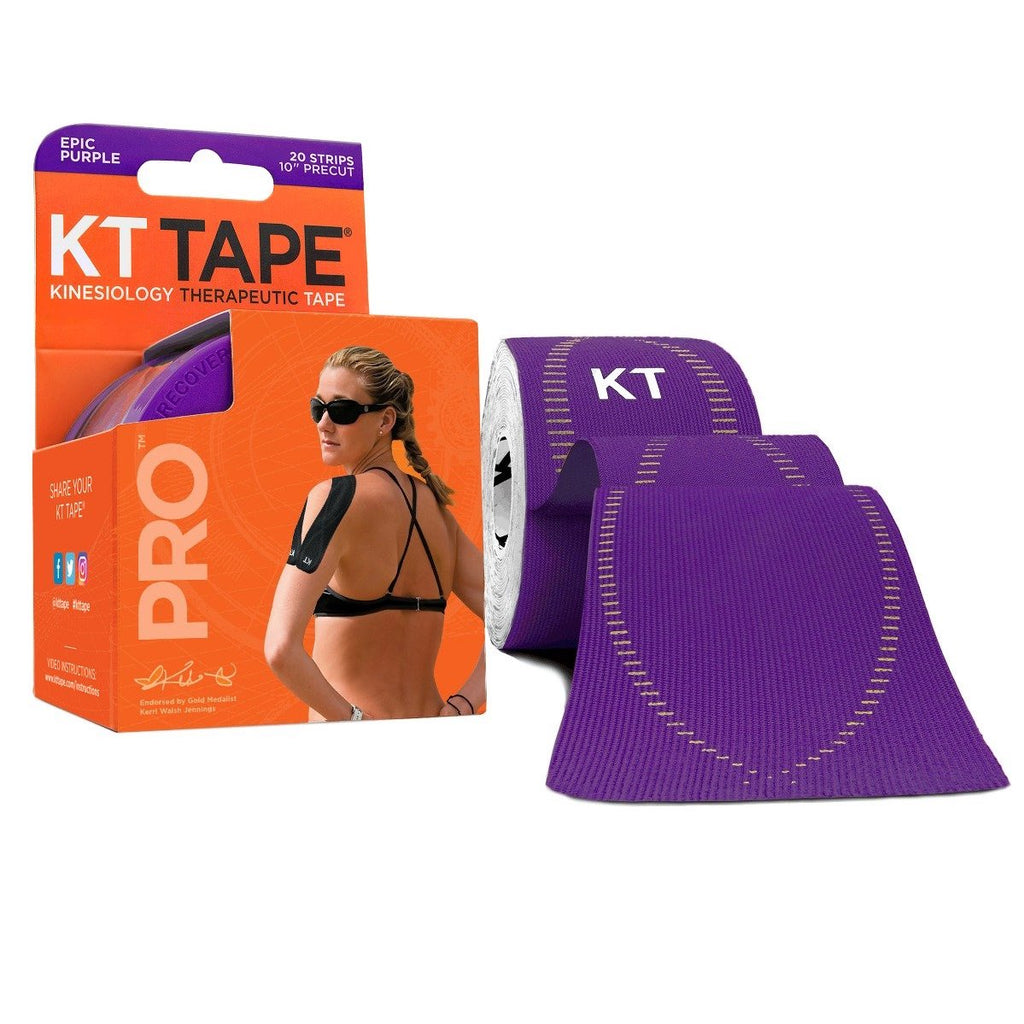 Lila KT Tape Pro: Eine Rolle und eine Verpackung mit einer Frau mit Tape auf der Schulter.