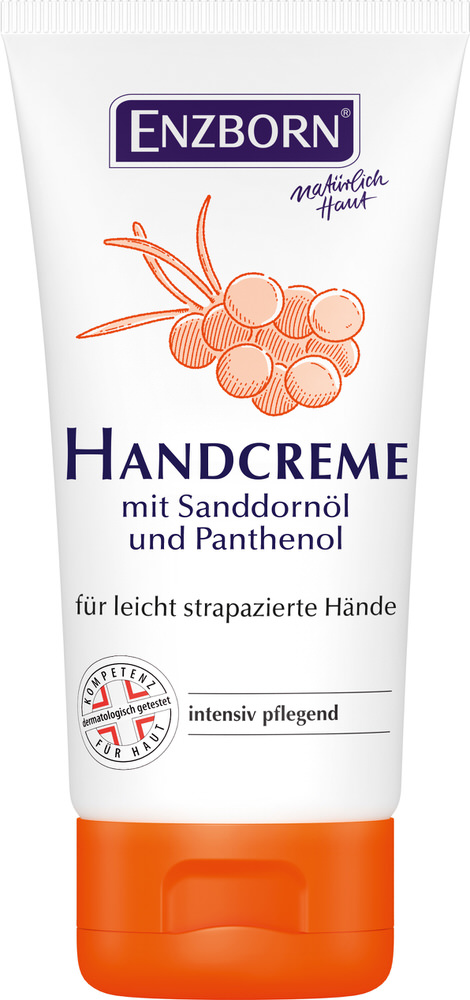Weiße Tube Handcreme mit Sanddornöl und orangenem Verschluss, mit Sanddorn Abbildung.