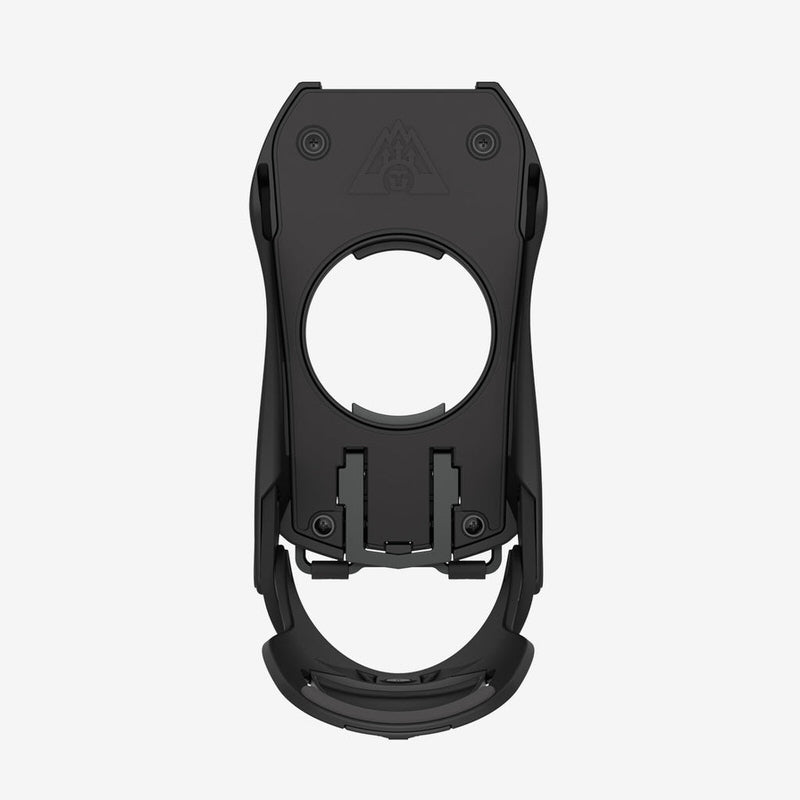 Schwarze Splitboard-Bindung Schwarzer Union Charger Splitboard Bindung Vorderansicht mit Befestigungselementen und runder Aussparung.