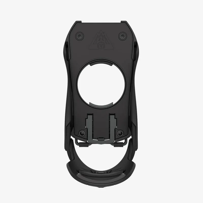 Black Union Charger splitboard binding front view with fastening elements and round cut-out.