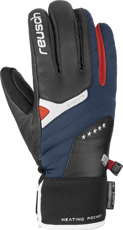 Reusch Gants Mikaela Shiffrin Gros plan sur le gant de ski Reusch Mikaela Shiffrin GTX en noir, bleu et rouge avec membrane Gore-Tex.