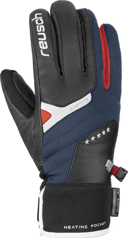 Close-up of the Reusch Mikaela Shiffrin GTX ski glove in black, blue and red with Gore-Tex membrane.
