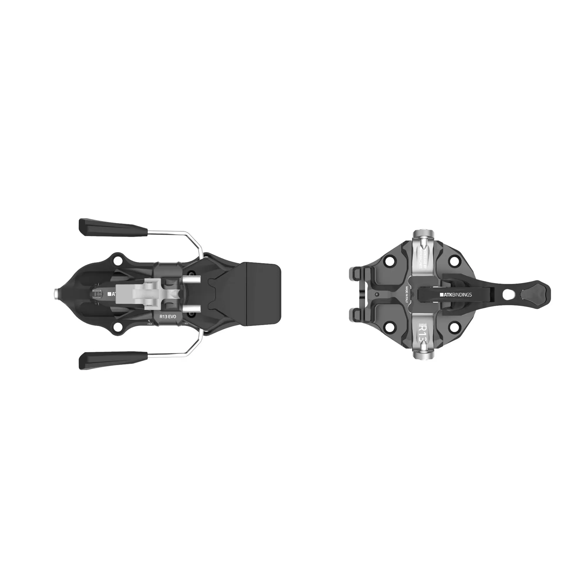 Schwarz-silberne ATK Raider 13 EVO Tourenbindung, von oben gezeigt: Vorder- und Hinterbacken nebeneinander, isoliert vor weißem Hintergrund.