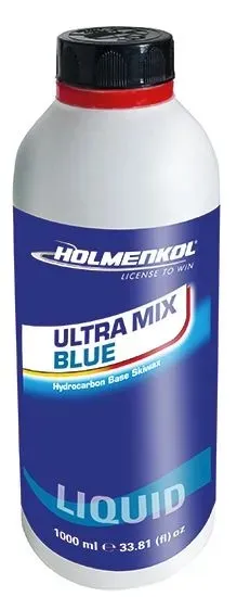 White plastic bottle with a blue label for Holmenkol Ultra Mix Blue Liquid Ski Wax. Imprint: "Holmenkol", "LICENSE TO WIN", "ULTRA MIX BLUE", "Hydrocarbon Base Ski Wax", "LIQUID", 1000 ml. Black screw cap with a red band.