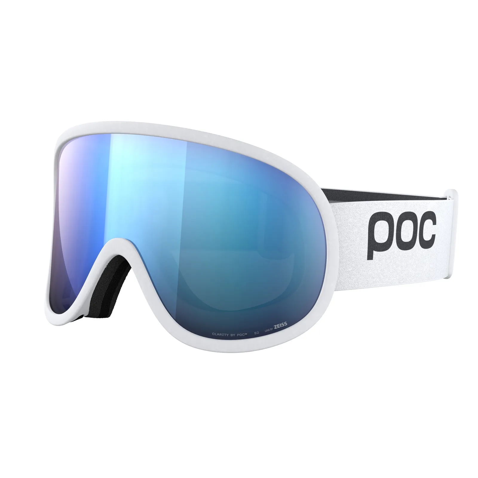 White POC Retina ski goggles with blue mirrored cylindrical lens, side view.