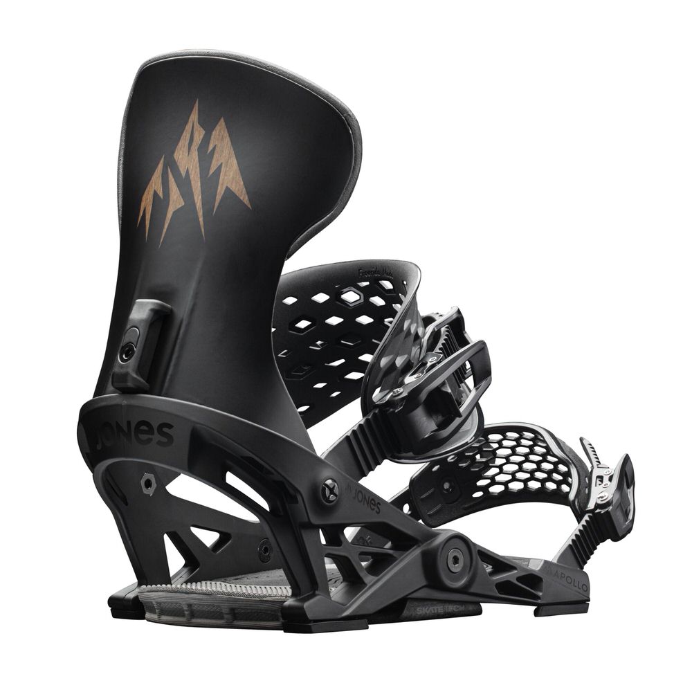 Black Jones Apollo snowboard binding with mountain logo on the highback.