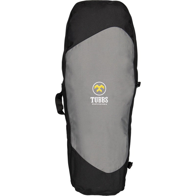 Schneeschuhtasche von Tubbs, stehend. Die Tasche ist schwarz-grau mit Logo. Tragegriff ist zu sehen.
