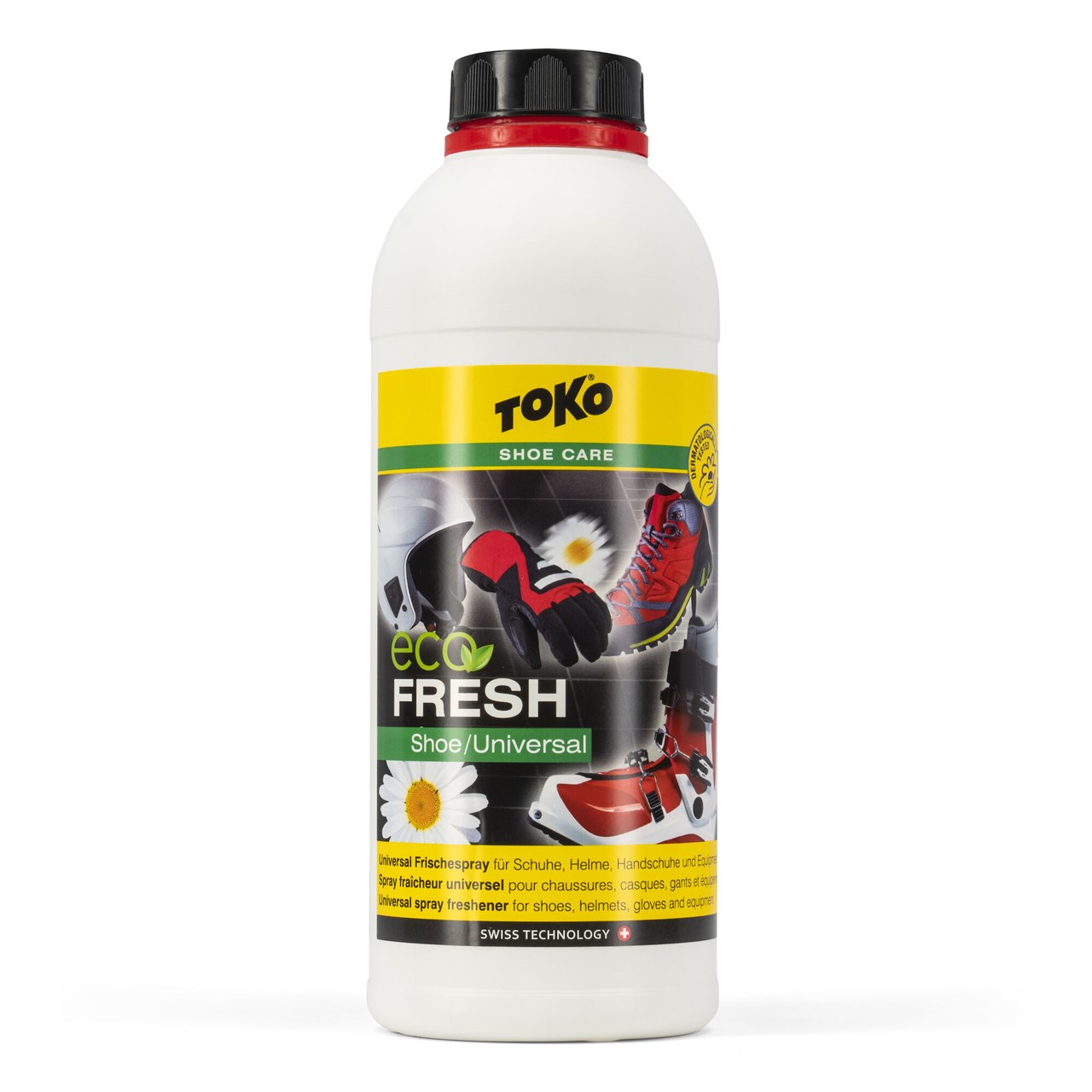 Weiße Flasche Toko Eco Shoefresh mit Etikett, das Schuhe, Helm und Handschuhe zeigt.