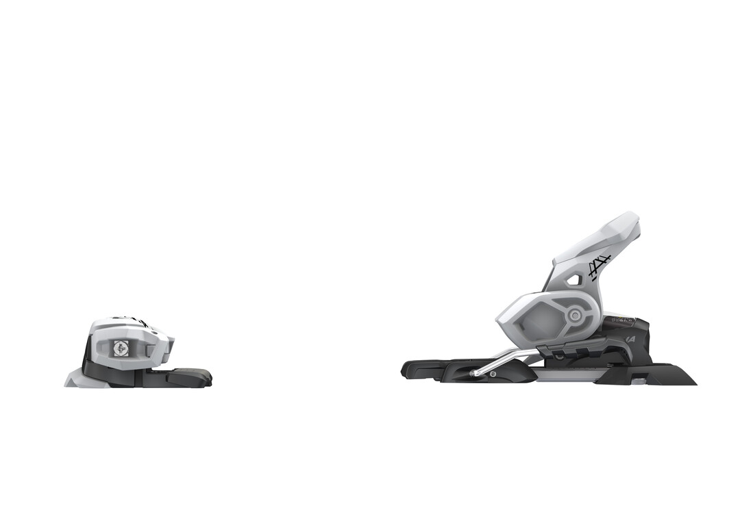 Matt weisse Ski-Bindung, Modell ATTACK² 14 GW, von der Seite, ohne Bremse, für Alpin- und GripWalk-Skischuhe.